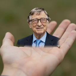 tiny bill gates on the palm of my hand, looking up at the camera, hyper realistic photo, highly detailed, sharp focus, depth of field