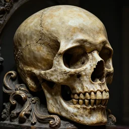 gothic sculpture of skull with decorative baroque design, deep texture, intense detail, hyperealism, 4 k