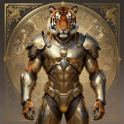 perfectly centered full figure portrait of tiger, sci - fi armour, muscular! cyberpunk, intricate, elegant, highly detailed, digital painting, artstation, concept art, sharp focus, illustration, art by artgerm and greg rutkowski and alphonse mucha