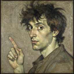 by tatsuro kiuchi, by ferdinand hodler experimental, dull pietra dura inlay. a beautiful mixed mediart of a self - portrait of the artist. he is shown with his head turned to the left, looking at the viewer. his hair is wild & his eyes are wide open. his right hand is raised, as if he is pointing at something.