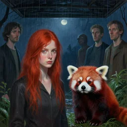 a highly detailed epic cinematic concept art cg render digital painting artwork : rainy night, red hair girl and red panda. by greg rutkowski, in the style of francis bacon and syd mead and norman rockwell and beksinski, open ceiling, highly detailed, painted by francis bacon and edward hopper, painted by james gilleard, surrealism, airbrush, ilya kuvshinov, wlop, stanley artgerm, very coherent, triadic color scheme, art by takato yamamoto and james jean