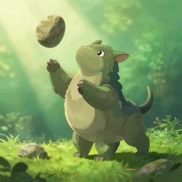 stone magical 4 legs - animal throws stone, in a gentle green dawn light, studio ghibli, clean cel shaded vector art, cinematic lighting, volumetric lighting, smooth, sharp focus, highly detailed, render in unreal engine 5, artstation, deviantart, behance, trending, epic composition, octane, light rays, award - winning