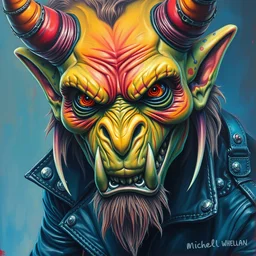portrait of an apocalyptic demonic orcish goblin biker character, psychedelic vibrant colors, futuristic punk rock fashion, oil painting by michael whelan art, sharp focus, realistic, detailed eyes, studded leather jacket