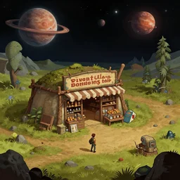 in front of a general store, in a remote outpost, on an alien planet, from a space themed point and click 2 d graphic adventure game, set design inspired by hg giger and tomb raider, art inspired by thomas kinkade