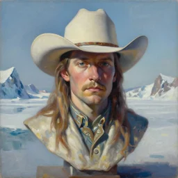 cowboy dream award winning, portrait bust symmetry faded tetrachromacycolors arctic background tim hildebrandt wayne barlowe bruce pennington donato giancola larry elmore masterpiece trending on artstation cinematic composition beautiful lighting hyper detailed!!! 8 k oil on canvas