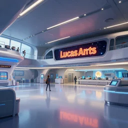 inside the terminal building of a space port, from a space themed LucasArts point and click graphic adventure game made in 1999, with high quality graphics