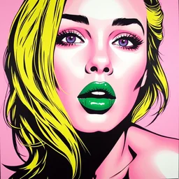 pop art, blonde girl, green lips, purple eyes