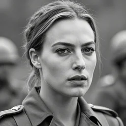 margot robbie as a fighter in world war 2, black and white, realistic face, highly detailed