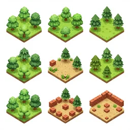 A strong contrast set of isometric forest tiles, game asset of six different isometric floors, building, bricks and walls by Stanley Artgerm Lau, game pack, assets, WLOP, Rossdraws, James Jean, Andrei Riabovitchev, Marc Simonetti, and Sakimichan, trending on artstation , assets, HD , strong contrast