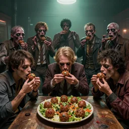 zombies from resident evil being polite and eating vegan meatballs, Greg Rutkowski, Darek Zabrocki, Karlkka, Jayison Devadas, Phuoc Quan, trending on Artstation, 8K, ultra wide angle, pincushion lens effect.