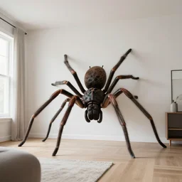 a real estate home interior photo. there is a giant spider trying poorly to blend into the background.