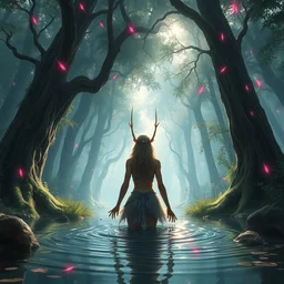 forest nymph rising from the water. view from behind, back view. nuri iyem, james gurney, james jean, greg rutkowski, anato finnstark. award winning photography, pink pixie dust, fantasy rpg concept art, wide angle view