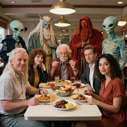 big family style diner in the artistic slightly surreal with various gods and alien like beings all wearing costumes of famous people