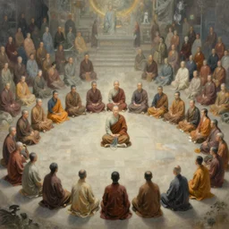 painting of large crowd of monks with sitting in circular formation, art by ruan jia, tooth wu, wlop, james jean, victo ngai, delicate, beautifully lit, muted colors, highly detailed, artstation, long hair, fantasy art by craig mullins, thomas kinkade