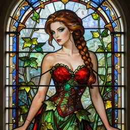 a stunning stained glass window of a beautiful alyson hannigan as poison ivy with hair tied in a braid and wearing a seductive red and green dress, dark eyeliner, intricate, elegant, highly detailed, digital painting, artstation, concept art, sharp focus, illustration, art by greg rutkowski and alphonse mucha