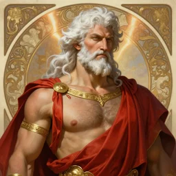painted portrait of rugged zeus, god of thunder, greek god, white hair, masculine, mature, handsome, upper body, red and gold, flow, muscular, hairy torso, fantasy, intricate, elegant, highly detailed, digital painting, artstation, concept art, smooth, sharp focus, illustration, art by gaston bussiere and alphonse mucha