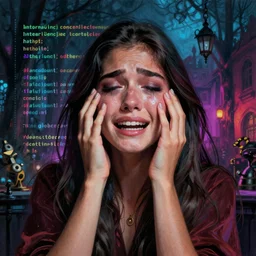 perfectly centered photograph of one beautiful instagram influencer crying lines of codes, detailed ambient lighting, hyper realistic, vibrant colors, cinematic, American gothic Pop art style, digital art painting by Keith Thompson, cinematic, 35mm grain filter, artstation