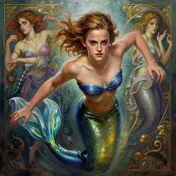 mermaid emma watson, perfectly-centered-painting of emma watson, sweaty, dynamic action pose, insane, intricate, highly detailed, digital painting, artstation, concept art, smooth, sharp focus, illustration, Unreal Engine 5, 8K, art by artgerm and greg rutkowski and alphonse mucha