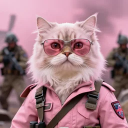 a beautiful portrait of a futuristic british longhair cat wear soldier clothes in war scene, wear ray - ban glass, pink vibe, hyper realistic, concept art, intricate, hyper detailed, smooth, vibrant, by greg rutkowski