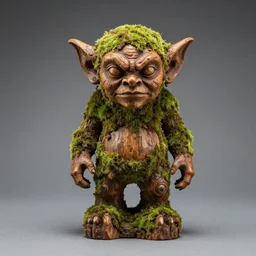 mossy wood sculpture of a goblin. professional photo.