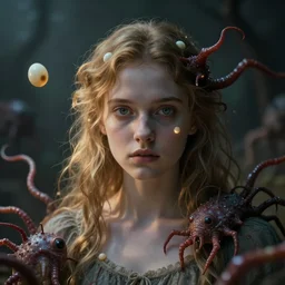 portrait of a girl merge with parasite monster that mind control and lay eggs, still shot from movie