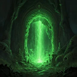 a scary portal glowing green portal to another world in darwin's arch in the galapagos islands, d & d, fantasy, intricate, elegant, highly detailed, digital painting, artstation, concept art, matte, sharp focus, illustration, art by greg rutkowski and rembrandt