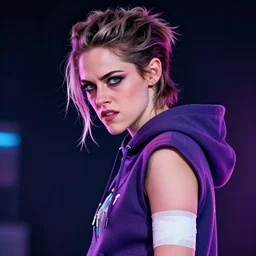 a 1 9 tomboy gorgeous cyberpunk goddess in hoodie with bandage on her arm, side portrait, kristen stewart, angry, striking, defiant, spotlight, vibrant colors, beautiful eyes, by marco paludet and gianni strino and marion bolognesi