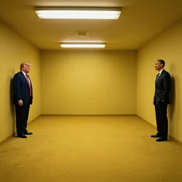 Donald Trump and Barack Obama lost in the backrooms, old moist yellow carpet, mono-yellow, fluorescent lights, randomly segmented rooms, eerie