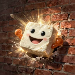 smiling tofu crashing through a brick wall like the kool aid man