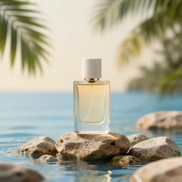 perfume bottle sitting on a pile of rocks in the middle of a blue lake, close up shot, upfront, surrounded by tropical leaves, blurred tropical background, softly - lit, soft - warm, zen, light, modern minimalist f 2 0 clean