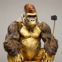 gorilla taking a selfie, gold statue