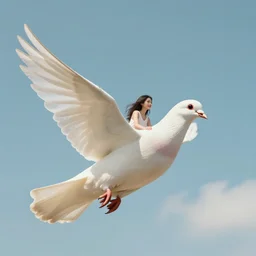 Digital art of a woman riding a giant pigeon in the sky