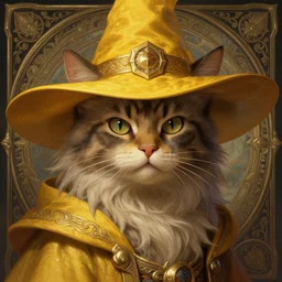 a mind - blowing portrait of a cat wizard, yellow wizard hat, deep focus, d & d, fantasy, intricate, elegant, highly detailed, digital painting, artstation, concept art, matte, sharp, illustration, hearthstone, art by artgerm and greg rutkowski and alphonse mucha