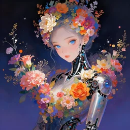 kind cyborg girl with flowers, elegant, colorful, vibrant, dreamy, illustration, atmosphere, top lighting, blue eyes, focused, artstation, highly detailed, art by yuhong ding and chengwei pan and serafleur and ina wong