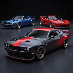 a muscle car based on nissan, bmw and chevrolet sports car body styles, with black and red paint, nissan sports cars, chevrolet sports cars, trending on artstation, unreal engine, studio lighting, by jotaautomotive, nancorocks and khyzylsaleem