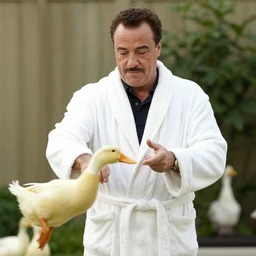 james gandolfini as tony soprano wearing a bath robe playing with ducks