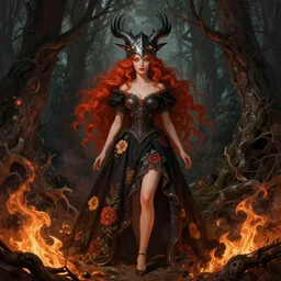 fantasy full body shot, witch with 4 eyes, red hair, crow helmet, floral dress, dead forest, intricate, photorealistic, elegant, stylish, highly detailed, digital painting, artstation, concept art, smooth, sharp focus, illustration, art by artgerm and greg rutkowski and terese nielsen, fire scheme