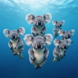 Floating evil koalas over a blue ocean, Darek Zabrocki, Karlkka, Jayison Devadas, Phuoc Quan, trending on Artstation, 8K, ultra wide angle, pincushion lens effect.