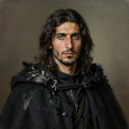 portrait painting of a middle eastern man with shoulder length hair wearing a tattered black cloak with feathers and a coat, green + eyes, sharp focus, award - winning, trending on artstation, masterpiece, highly detailed, intricate. art by rebecca guay