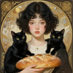 beautiful cottagecore of a girl with short black curly hair, round face, cute face, holding a loaf of bread. There's also a black cat on her shoulder. intricate, elegant. highly detailed, digital painting, artstation, concept art, smooth, sharp, focus, illustration. Black cats. art by artgerm and greg rutkowski and alphonse mucha
