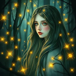 highly detailed watercolor, beautiful girl in a dark forest, surrounded by magical fireflies, long hair, nostalgia for a fairytale, magic realism, flowerpunk, mysterious, by charles vess, anato finnstark, cinematic lighting, beautiful face by leyendecker