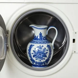domiabra by noah howard, blue and white, detail on porcelain jug franz von stuck in a washing machine