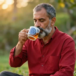 mr robert is drinking fresh tea and meditate in a garden from spiral mug, detailed calm face, grey short beard, golden hour, red elegant shirt