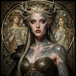 tattooed lady, fame of thrones, fibonacci, sweat drops, intricate fashion clothing, insane, intricate, highly detailed, surrealistic, digital painting, artstation, concept art, smooth, sharp focus, illustration, Unreal Engine 5, 8K, art by artgerm and greg rutkowski and alphonse mucha