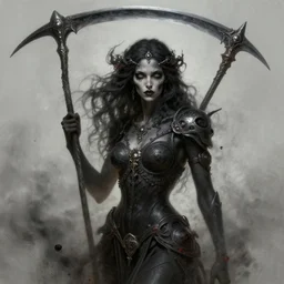 stunning goddess of death portrait, dark skin, scythe, ashes, disease, fantasy, intricate, elegant, highly detailed, digital painting, artstation, concept art, smooth, sharp focus, illustration, art by krenz cushart and artem demura and alphonse mucha and tony sandoval and luis royo