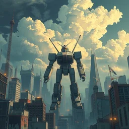 meh - robot big gun city cloudy sky art by vrubel