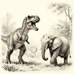 a tyrannosaurus rex and an elephant playing frisbee, pencil sketch style