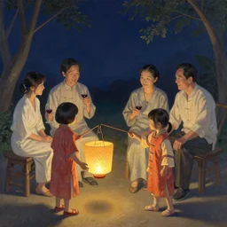 chinese mid autumn festival, kids with a lantern while their parents enjoy a glass of wine, by james gilleard, ruan jia, liuyuan lange, fenghua zhong, ren jing jeong, feifei ruan, sylvain sarrailh