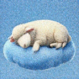 a white fluffy sheep sleeping on a blue cloud