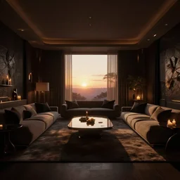 videogame screenshot of a very dark dreamy luxury midcentury modern maximalist living room, candlelight, sunset glow, dark shadows, octane render, volumetric lighting, raytracing, symmetrical wide shot low angle